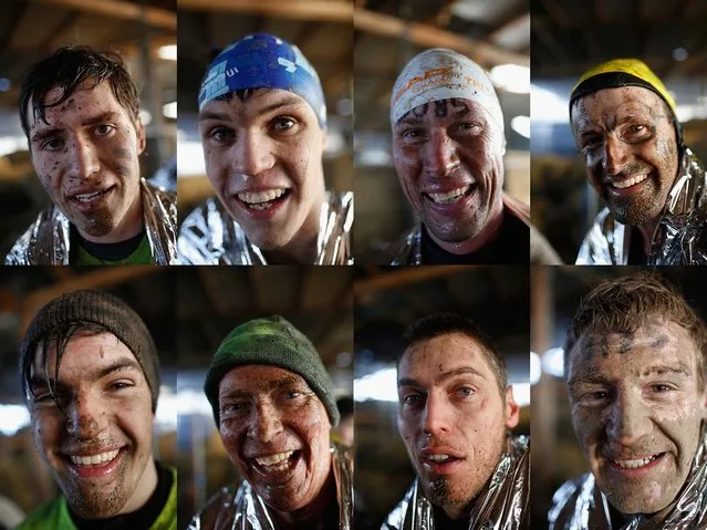 In this photo montage, competitors pose for a portrait after completing the Tough Guy Challenge on January 27, 2013 in Telford, England.  (Photo by Harry Engels)