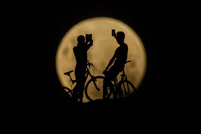 People with bicycles take photos of the Super moon on January 31, 2018 in Lancelin, Australia. (Photo by Paul Kane/Getty Images)
