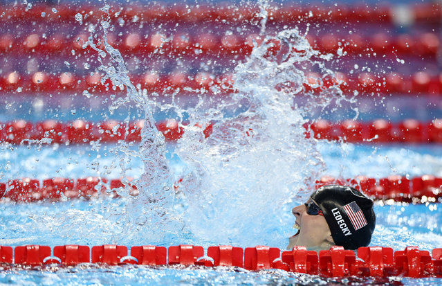 Katie Ledecky of the U.S. celebrates after winning the 800m freestyle final at the World Aquatic Championships in Singapore, on August 2, 2025. (Photo by Hollie Adams/Reuters)