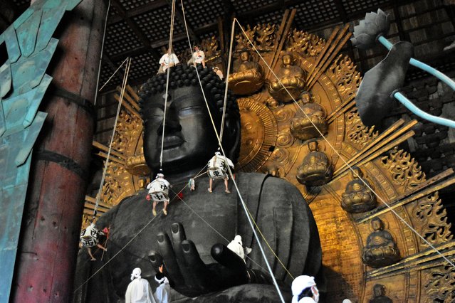 People dressed in white robes clean dust off the Great Buddha statue on August 07, 2025 in Nara, Japan. (Photo by The Asahi Shimbun via Getty Images)