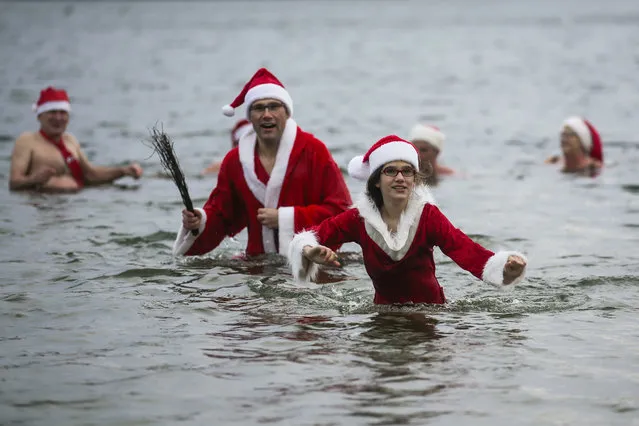 Amelie and her father Mario leaves the Oranke Lake during the annual Christmas Swimming of the winter and ice swimming club “Seehunde Berlin”, (Berlin Seals), in Berlin, Thursday, December 25, 2014. Every Christmas the club arrange a swim at the lake. (Photo by Markus Schreiber/AP Photo)