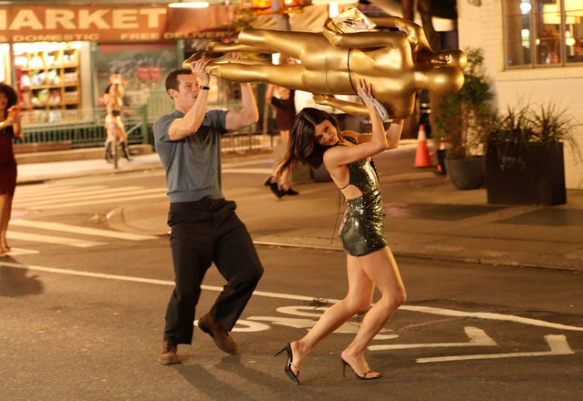 Monica Barbaro and Callum Turner are seen filming at the “One Night Only” set in SoHo, Manhattan on November 07, 2025 in New York City. (Photo by Jose Perez/Bauer-Griffin/GC Images)