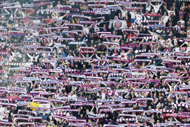 Hajduk Split's supporters during the UEFA Youth League final match between AZ Alkmaar and HNK Hajduk Split at the Stade de Geneve stadium, in Geneva, Switzerland, 24 April 2023. (Photo by Salvatore Di Nolfi/EPA)