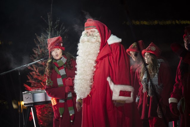 Santa Claus, also known as Father Christmas, departs for his long Christmas journey from the Santa's Village at the Arctic Circle in Finnish Lapland in Rovaniemi, Finland, on December 23, 2024. (Photo by Jouni Porsanger/Lehtikuva via AFP Photo)