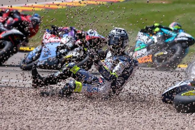 Darryn Binder from South Africa of the Liqui Moly Husqvarna Intact GP Team crashes shortly after the start at German Grand Prix in Hohenstein-Ernstthal, Saxony on June 18, 2023. (Photo by Jan Woitas/Avalon)