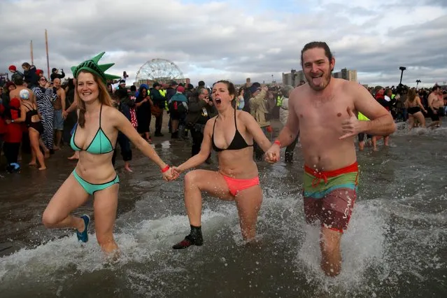 Participants enter the water during the Coney Island Polar Bear Club's annual New Year's Day swim at Coney Island in the Brooklyn borough of New York January 1, 2016. (Photo by Andrew Kelly/Reuters)