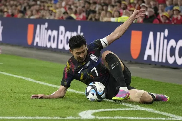 South Korea's Son Heung-min stops the ball during the International friendly soccer match between Wales and South Korea at the Cardiff City Stadium in Cardiff, Wales, Thursday, September 7, 2023 . (Photo by Kin Cheung/AP Photo)