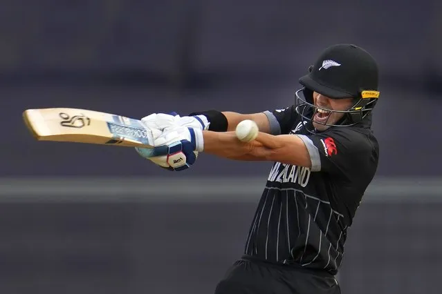 New Zealand's Mark Chapman plays a shot during ICC Men's Cricket World Cup warm up matches between South Africa and New Zealand in Thiruvananthapuram, India, Monday, October 2, 2023. (Photo by Manish Swarup/AP Photo)
