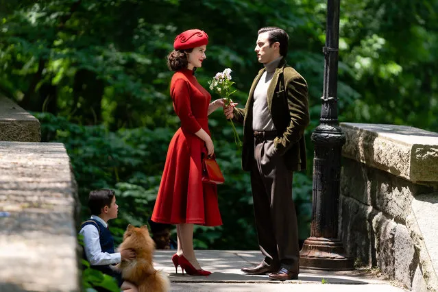 American actress Rachel Brosnahan (L) and American actor, director and producer Milo Ventimiglia are seen on set filming for “The Marvelous Mrs. Maisel” in the Upper West Side on June 10, 2021 in New York City. (Photo by Gotham/GC Images)