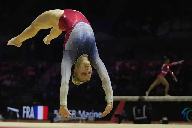 Jade Carey of the U.S. competes on the floor exercise at the Women's Team Final during the Artistic Gymnastics World Championships at M&S Bank Arena in Liverpool, England, Tuesday, November 1, 2022. (Photo by Thanassis Stavrakis/AP Photo)