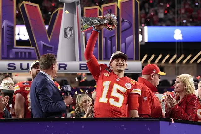 Kansas City Chiefs quarterback Patrick Mahomes (15) holds the Vince Lombardi Trophy after the NFL Super Bowl 58 football game against the San Francisco 49ers, Sunday, February 11, 2024, in Las Vegas. The Chiefs won 25-22. (Photo by John Locher/AP Photo)