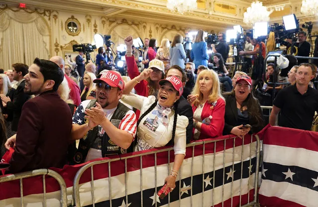 Supporters cheer election results as they wait for Republican presidential candidate former President Donald Trump to speak at a Super Tuesday election night party on Tuesday, March 5, 2024 at Mar-a-Lago in Palm Beach, Fla. (Photo by Jabin Botsford/The Washington Post)