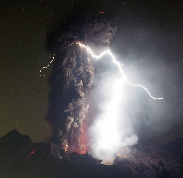 A dirty thunderstorm occurs over Mount Sakurajima as the volcano erupts on October 24, 2023 in Kagoshima, Japan. (Photo by The Asahi Shimbun via Getty Images)