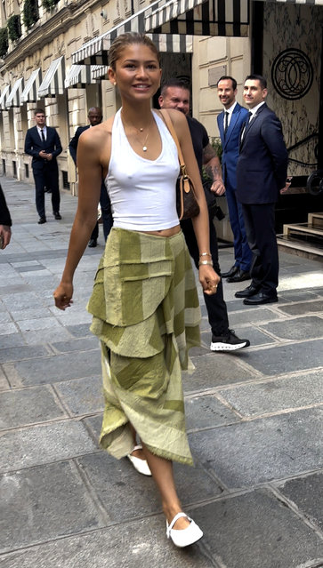 American actress and singer Zendaya leaves the Crillon hotel in Paris wearing a white tank top and a green dress during the Paris 2024 Olympic Games on July 31, 2024. (Photo by Aissaoui Nacer/Splash News and Pictures)