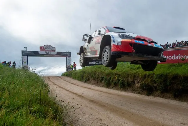 French driver Sebastien Ogier steers his Toyota GR Yaris Rally 1 with French co-driver Bemjamin Veillas during the SS19 stage of the Rally of Portugal in Fafe, on May 22, 2022. (Photo by Miguel Riopa/AFP Photo)
