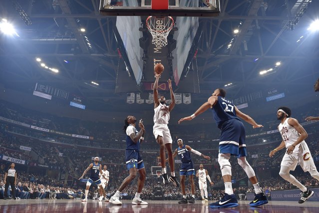 Evan Mobley #4 of the Cleveland Cavaliers shoots the ball during the game against the Minnesota Timberwolves on February 10, 2025 at Rocket Mortgage FieldHouse in Cleveland, Ohio. (Photo by David Liam Kyle/NBAE via Getty Images)