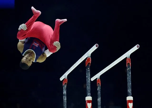 Joe Fraser of Great Britain competes during the Men's Parallel Bars Final on day nine of the 2022 Gymnastics World Championships at M&S Bank Arena on November 06, 2022 in Liverpool, England. (Photo by Phil Noble/Reuters)