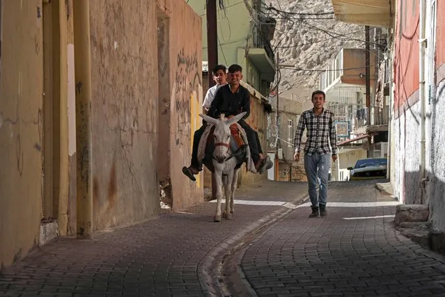 Men ride on a donkey in the Kurdish town of Akre, 500 kilometres north of Iraq's capital Baghdad, on September 14, 2022. (Photo by Safin Hamed/AFP Photo)