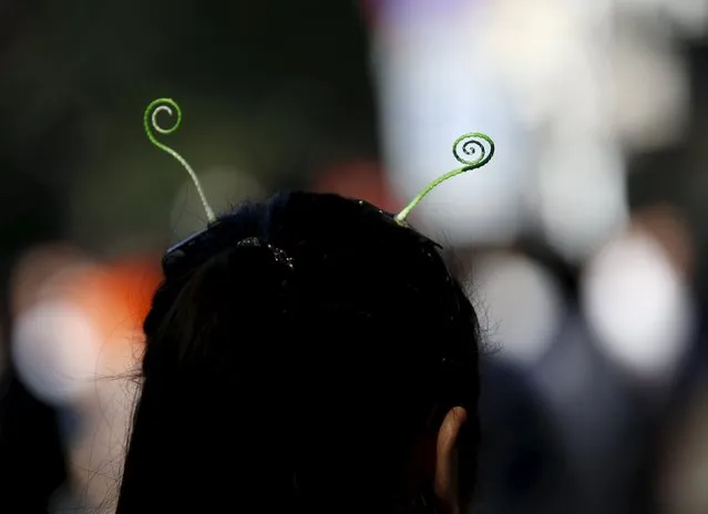 A woman wearing sprout-like hairpins makes her way in Beijing, China, September 25, 2015. (Photo by Kim Kyung-Hoon/Reuters)