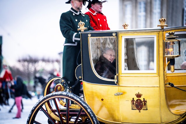 Denmark's Queen Margrethe is escorted by the Gardehusar Regiment's Horseskort in the gold carriage from Christian IX's Palace, Amalienborg to Christiansborg Palace in Copenhagen for the New Year's reception, in Denmark on January 4, 2024.(Photo by Emil Nicolai Helms/Ritzau Scanpix)