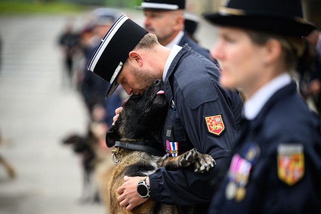 A French gendarme kisses his dog during a ceremony to mark the 80th anniversary of the National Canine Training Center of the Gendarmerie, in Gramat, southwestern France on June 05, 2025. (Photo by Lionel Bonaventure/AFP Photo)