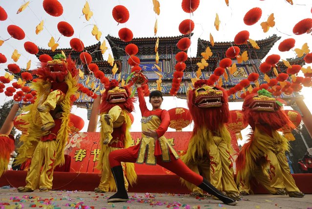 Chinese artists perform the lion dance during the opening ceremony of the Spring Festival Temple Fair at Ditan Park (the Temple of Earth), in Beijing, February 9, 2013. The Lunar New Year, or Spring Festival, begins on February 10 and marks the start of the Year of the Snake, according to the Chinese zodiac. (Photo by Jason Lee/Reuters)