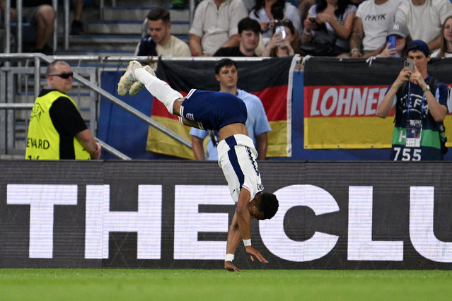 Omari Hutchinson of England celebrates scoring his team's second goal during the UEFA European Under-21 Championship 2025 Final match between England and Germany at National Football stadium on June 28, 2025 in Bratislava, Slovakia. (Photo by Tullio Puglia – UEFA/UEFA via Getty Images)
