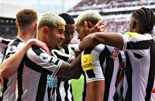 Joelinton of Newcastle United FC (7) celebrates after scoring Newcastles second goal during the Premier League match between Newcastle United and Tottenham Hotspur at St. James Park on April 23, 2023 in Newcastle upon Tyne, England. (Photo by Serena Taylor/Newcastle United via Getty Images)