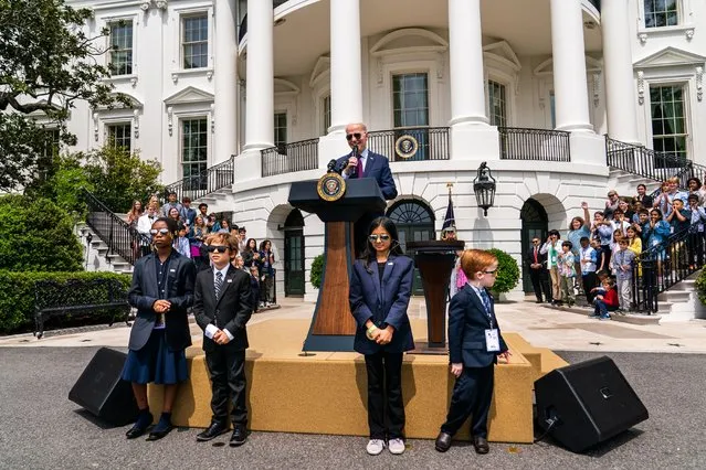 US President Joe Biden delivers remarks during “Take Your Child to Work Day” event on the South Lawn of the White House on Thursday, April 27, 2023. (Photo by Demetrius Freeman/The Washington Post)