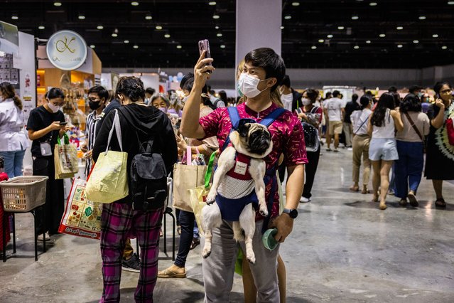 A man carries his pug in a front pouch baby carrier at Pet Expo Thailand on May 07, 2023 in Bangkok, Thailand. (Photo by Lauren DeCicca/Getty Images)