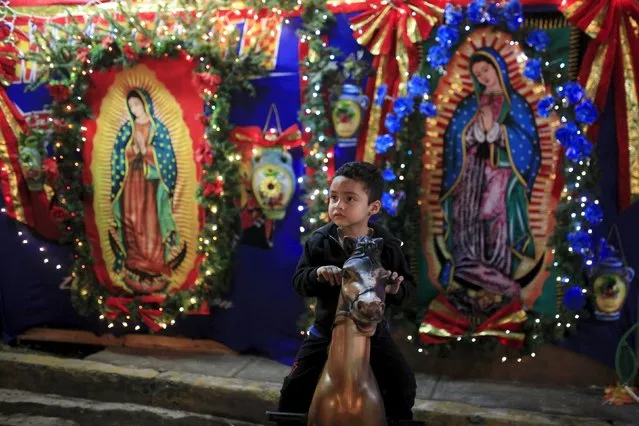 A child riding a toy horse poses for a portrait as devotees celebrate the Day of the Virgin of Guadalupe outside the Basilica of Guadalupe in San Salvador, El Salvador December 11, 2015. (Photo by Jose Cabezas/Reuters)