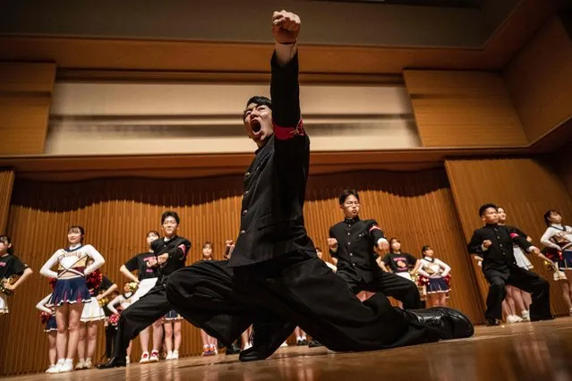 This picture taken on June 3, 2023 shows members of the Kokugakuin University “Oendan” performing during a Tokyo competition between “Oendan” university cheerleading squads in Tokyo. They're drenched in sweat, their hands bloodied from clapping, and their voices hoarse from shouting – meet Japan's predominantly male and unashamedly macho “leadership section” cheerleaders. (Photo by Yuichi Yamazaki/AFP Photo)