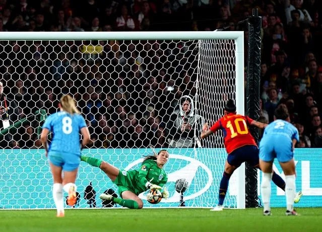 England goalkeeper Mary Earps saves a penalty from Spain's Jennifer Hermoso during the FIFA Women's World Cup final match at Stadium Australia, Sydney on Sunday, August 20, 2023. (Photo by Zac Goodwin/PA Wire Press Association)