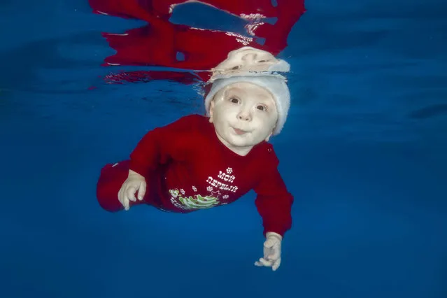 Infant in Christmas suit posing underwater in the pool on December 15, 2016 in Odessa, Ukraine. (Photo by Andrey Nekrasov/Barcroft Images)