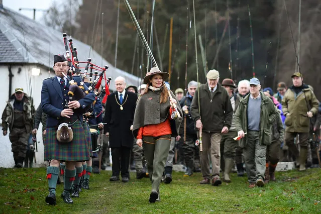 Claire Mercer Nairne joins anglers as they attend the opening day of the Salmon fishing season on the River Tay at Kincalven bridge on January 15, 2019 in Meikleour, Scotland. The salmon season on the Tay and tributaries gets underway today, it is the first of the larger Scottish rivers to open and runs through to the fifteenth of October. (Photo by Jeff J Mitchell/Getty Images)