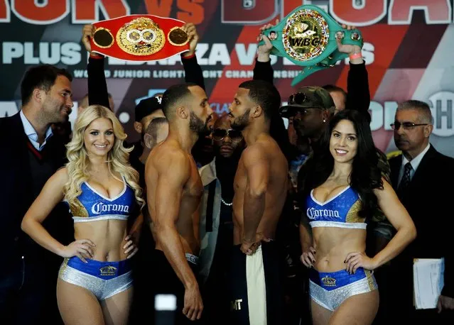 Boxing, James DeGale & Badou Jack Weigh-In - Barclays Center, Brooklyn, New York City, United States of America on January 13, 2017. James DeGale and Badou Jack pose during the weigh in with Floyd Mayweather. (Photo by Andrew Couldridge/Reuters/Livepic/Action Images)