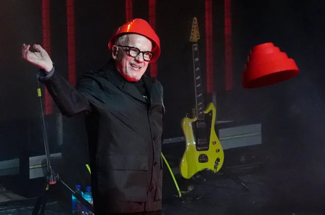 Mark Mothersbaugh of the art-pop pioneers Devo throws a hat to the crowd during the band's performance at The Marquis during the Sundance Film Festival, Monday, January 22, 2024, in Park City, Utah. A documentary film about the group, “Devo”, premiered Sunday at the festival. (Photo by Chris Pizzello/AP Photo)
