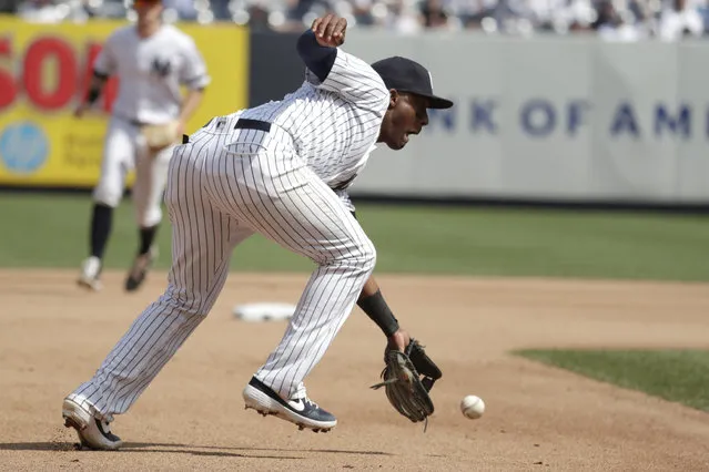 New York Yankees third baseman Miguel Andujar fields a ground ball hit by Minnesota Twins' Nelson Cruz during the seventh inning of a baseball game, Saturday, May 4, 2019, in New York. Andujar overthrew second base while trying to conduct a double play and Twins' Mitch Garver was able to move to third base on the error. (Photo by Julio Cortez/AP Photo)