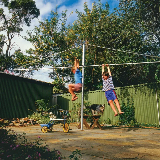 Adam and Elliot Sollis hang out in their Melville backyard while their dog Baxter pants for a go. (Photo by Frances Andrijich)