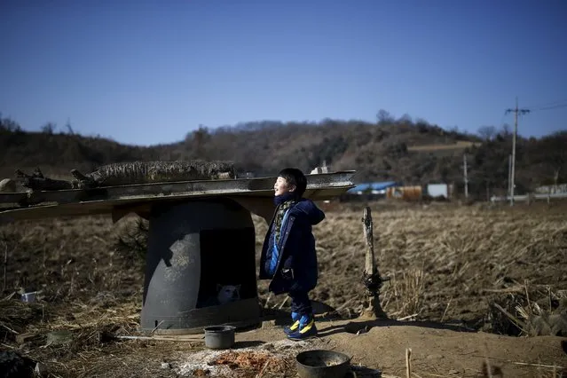 A boy stands in the sunlight at a border village just south of the demilitarized zone where loudspeakers are installed, in Yeoncheon, South Korea, January 8, 2016. (Photo by Kim Hong-Ji/Reuters)