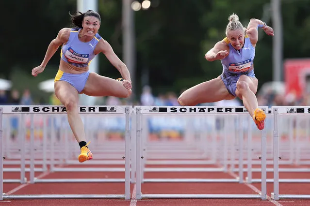 Liz Clay competes against Michelle Jenneke in the Womens 100m Hurdles final during the 2024 Sydney Track Classic at ES Marks Athletic Field on March 23, 2024 in Sydney, Australia. (Photo by Cameron Spencer/Getty Images)