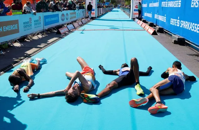 India's Appachangada Belliappa reacts after finishing the Vienna City Marathon in Vienna, Austria, on April 21, 2024. (Photo by Lisa Leutner/Reuters)