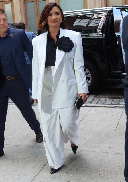 American singer and songwriter Demi Lovato exudes elegance as she arrives in a chic white suit for the Vogue event in Soho, New York City on June 3, 2024. (Photo by Rick Davis/Splash News and Pictures)