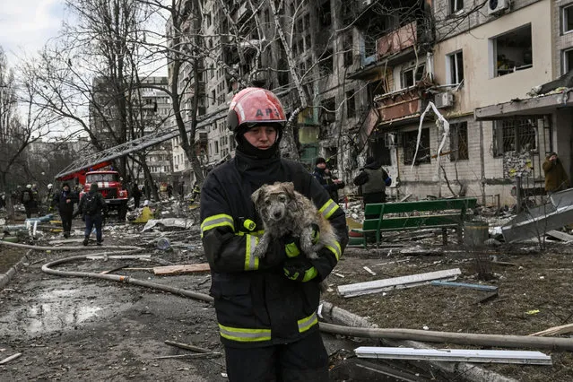 A firefighter rescues a dog after an apartment building after it was shelled in Kyiv on March 14, 2022. (Photo by Aris Messinis/AFP Photo)