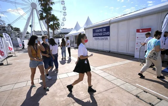 A festival coronavirus testing center is seen at the 74th international film festival, Cannes, southern France, Tuesday, July 6, 2021. (Photo by Vadim Ghirda/AP Photo)