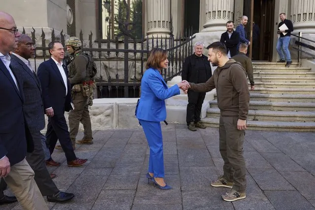 In this image released by the Ukrainian Presidential Press Office on Sunday, May 1, 2022, Ukrainian President Volodymyr Zelenskyy, centre right, and U.S. Speaker of the House Nancy Pelosi shake hands during their meeting in Kyiv, Ukraine, Saturday, April 30, 2022. Pelosi, second in line to the presidency after the vice president, is the highest-ranking American leader to visit Ukraine since the start of the war, and her visit marks a major show of continuing support for the country's struggle against Russia. (Photo by Ukrainian Presidential Press Office via AP Photo)