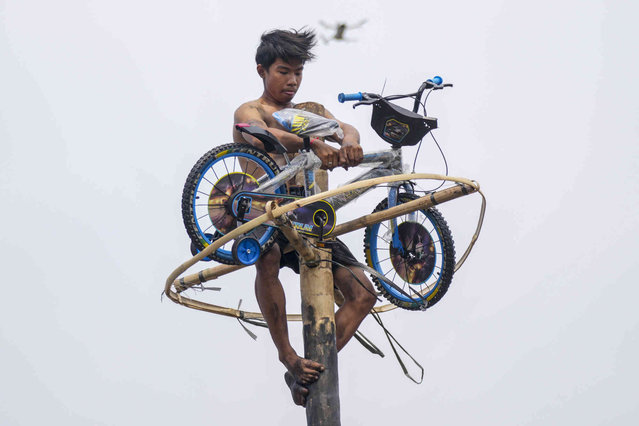 A participant retrieves a bicycle as a prize after climbing on a pole in a greased-pole climbing competition during the 79th Independence Day anniversary at Ancol Beach in Jakarta, Indonesia, Saturday, August 17, 2024, celebrating its independence from the Dutch colonial rule. (Photo by Tatan Syuflana/AP Photo)