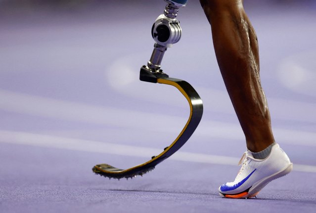 The running blade of Puseletso Michael Mabote of South Africa is pictured during the men's 100m T63 round 1 in Saint-Denis, France on September 1, 2024. (Photo by Stephanie Lecocq/Reuters)