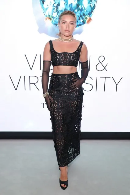 English actress Florence Pugh attends the opening of Tiffany & Co.'s Brand Exhibition – Vision & Virtuosity – at the Saatchi Gallery on June 9, 2022 in London, England. (Photo by David M. Benett/Dave Benett/Getty Images for Tiffany & Co.)