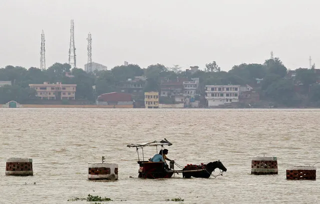 People travel on a horse drawn carriage through a flooded road on the banks of river Ganga in Allahabad, India July 10, 2016. (Photo by Jitendra Prakash/Reuters)